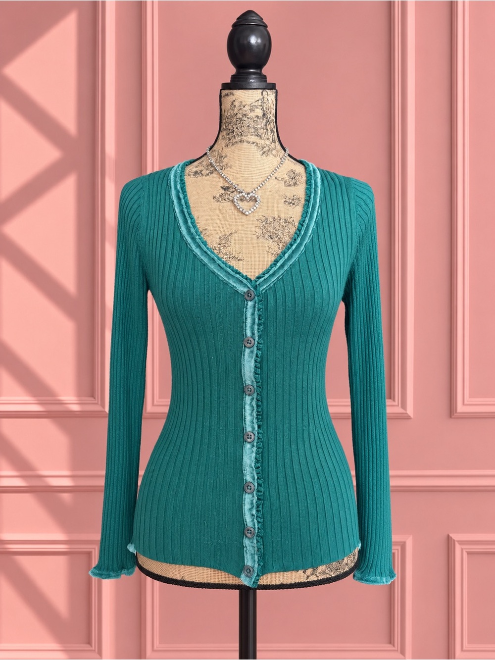 Y2K Twik Teal Ribbed Button-Front Sweater Cardigan
